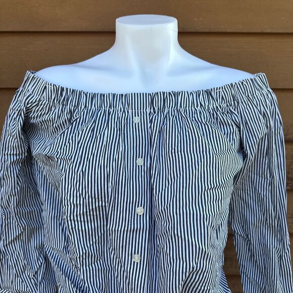 Blue & White Striped Off-The-Shoulder Blouse With Button Front & Tie Hem - Picture 6 of 9